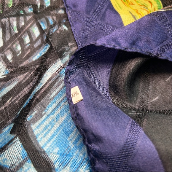 100% Silk Scarf – Colorful Blue Green Orange Abstract Art – Square 32.5” x 35” - Picture 8 of 9